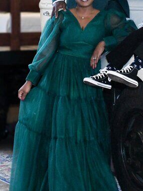 POMUYOO Emerald Green Tulle Long Sleeve Maxi Dress Size 12